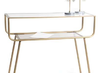 Konsolentisch mit goldenen Metallrahmen und eleganter Glasplatte
