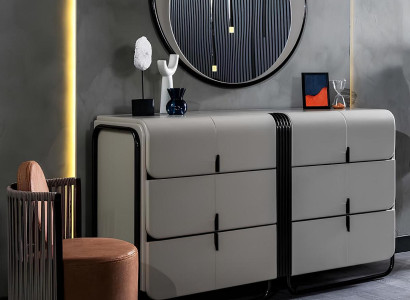 Schlafzimmer Designer Kommode Edler Rundspiegel Holz Möbel 2tlg
