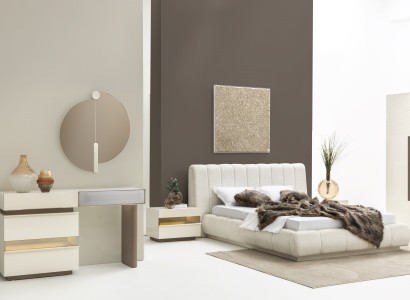 Schlafzimmer-Set in Beige – Bett, 2 Nachttische, Schminktisch & Spiegel