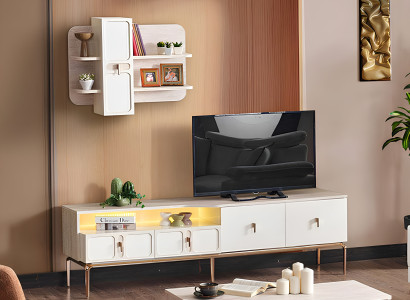 Modernes Set: TV-Lowboard und TV-Regalmit goldenen Akzenten