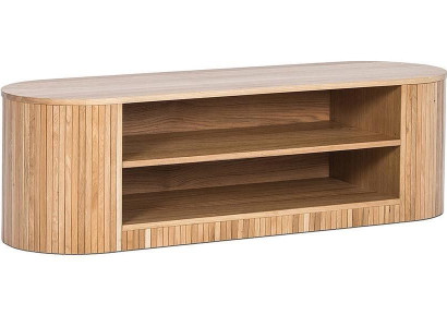 Elegantes Lowboard mit vertikalen Holzstreifen und offenen Regalen