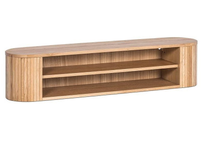 Elegantes Wandregal mit vertikalen Holzstreifen und offenen Fächern