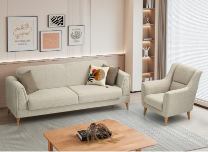 Beige Wohnzimmer Polstergarnitur Designer 3-Sitzer Textilsessel 2tlg