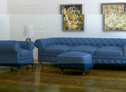 Klassische Design Polster Couch Set Chesterfield Textil Sitz Garnitur + Hocker