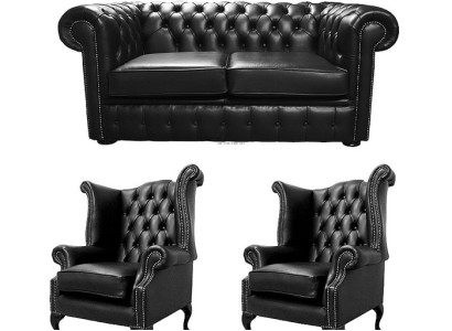Klassische Designer Chesterfield Sofagarnitur Couch Sofa Leder Polster Sofa Set