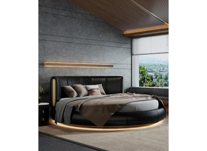 Designer Schwarzes Rundbett Beleuchtungsbett Led Luxuriöses Textilbett Sofort