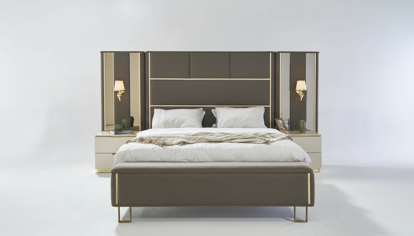 Bett Doppelbett 2x Nachttische Holz Design Betten Schlafzimmer Polster 3 tlg Set