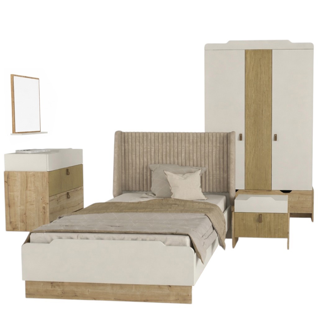 Jugendzimmer Set Bett Schrank Kommode Modernes Weiß Beige Möbel