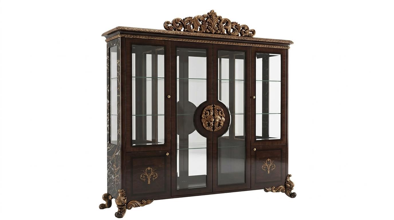 Braune Klassische Holz Glas Vitrine Wohnzimmer Golddekor Luxus Möbel