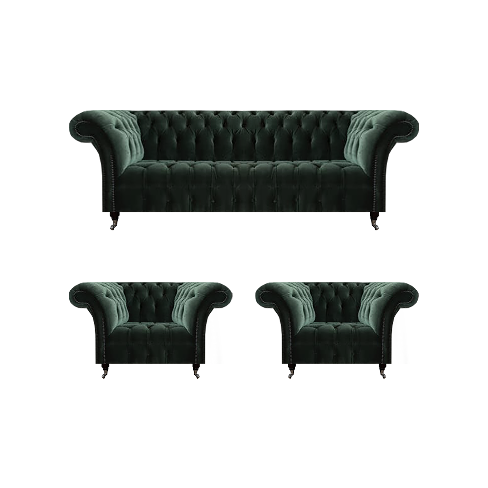 Wohnzimmer Luxus Komplett Schwarz Sofa Dreisitzer Textil 2x Sessel Chesterfield