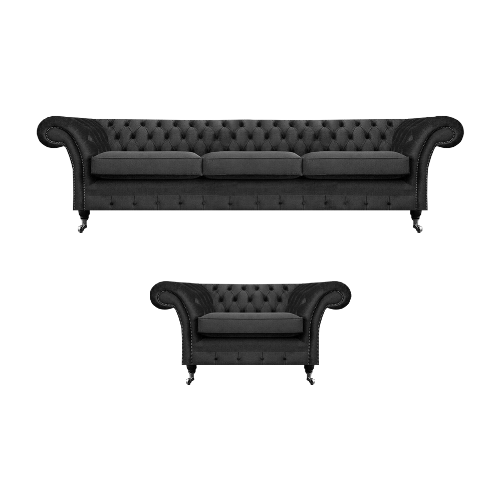 Wohnzimmer Polstermöbel Schwarz Dreisitze Sofa 3+1  Sessel Chesterfield