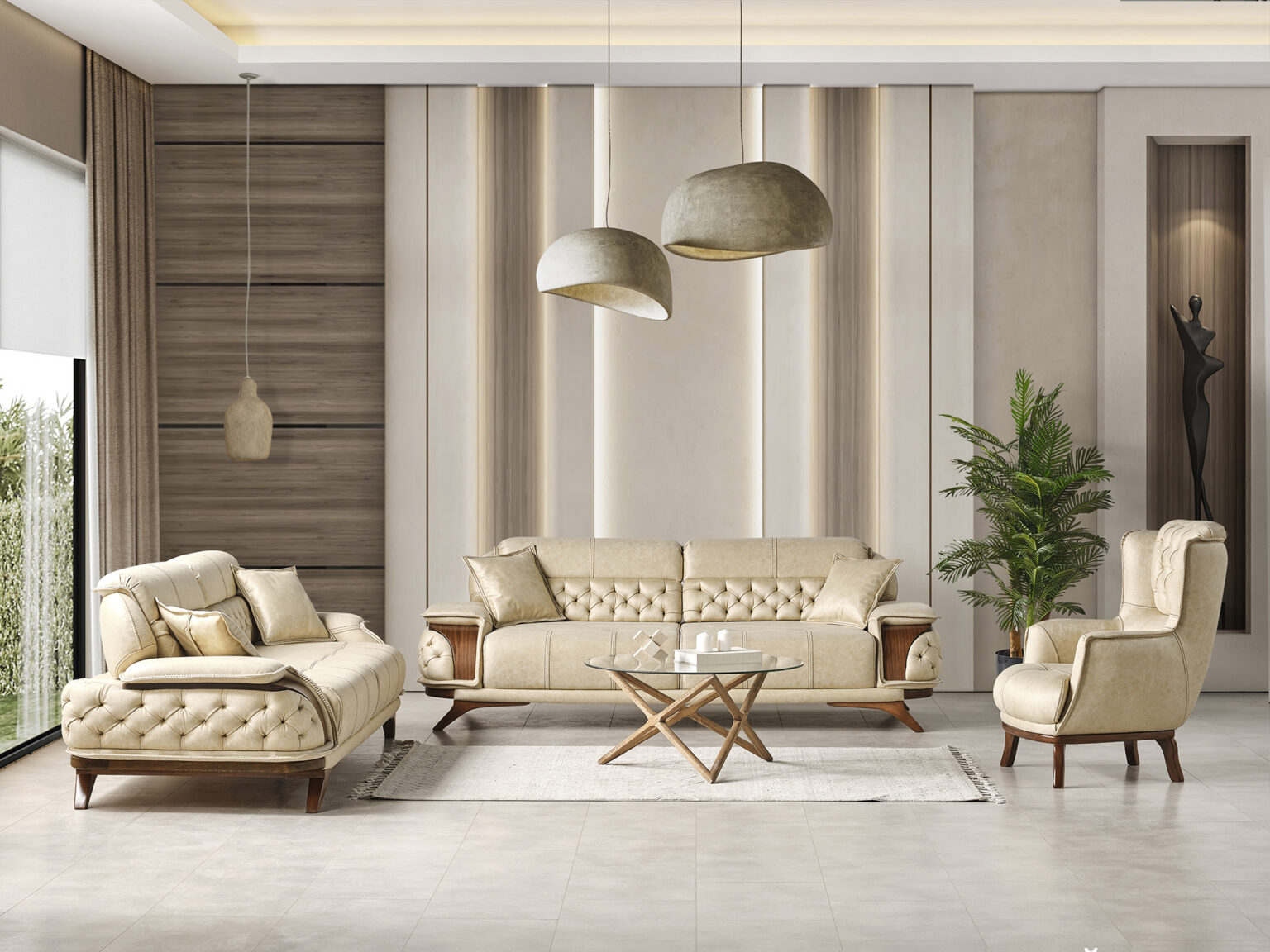 Stilvolle Chesterfield Sitzgarnitur Beiger Dreisitzer Luxus Sessel