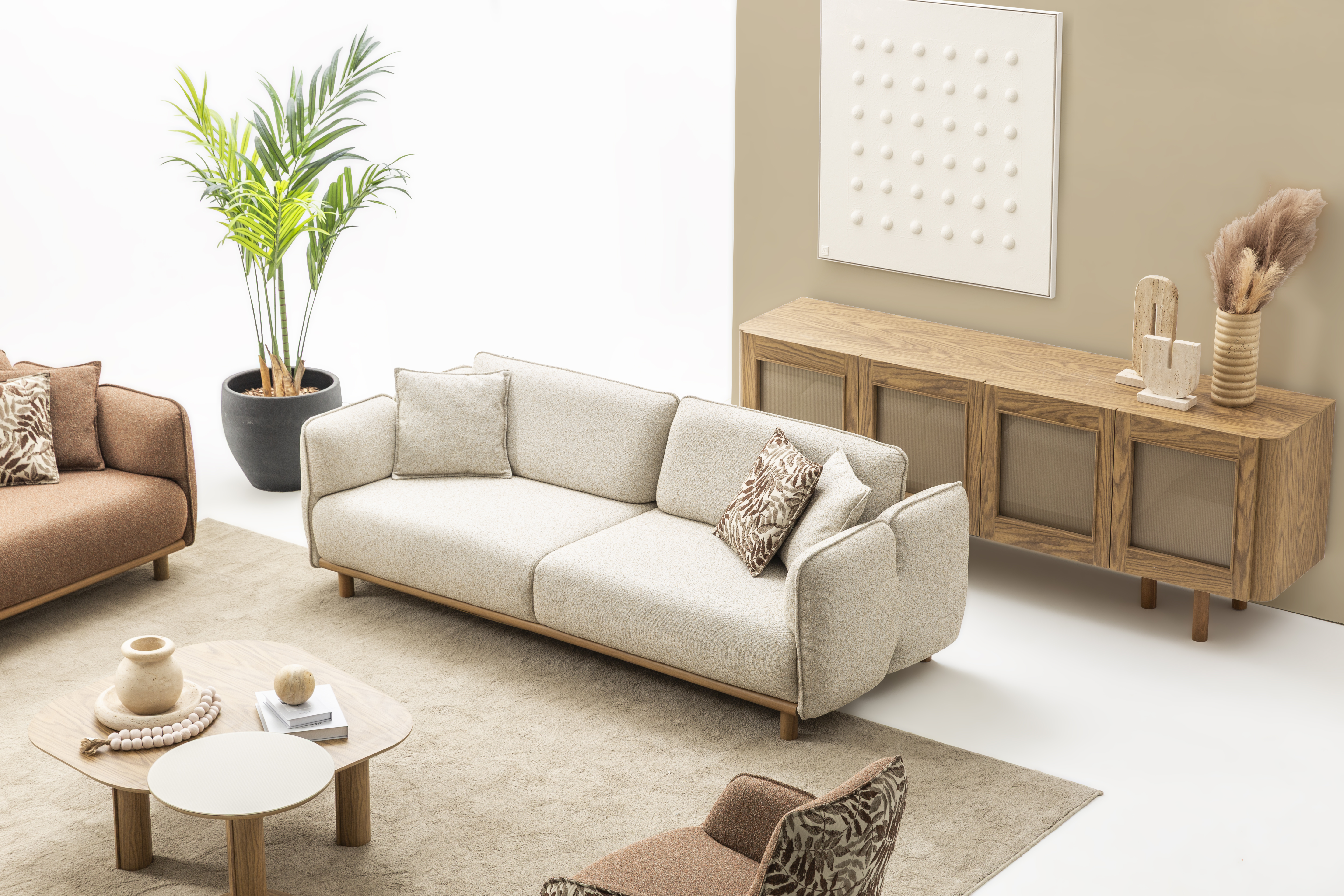 Wohnzimmer-Set: 4-Sitzer Sofa mit Couchtisch, Beistelltisch & Konsole