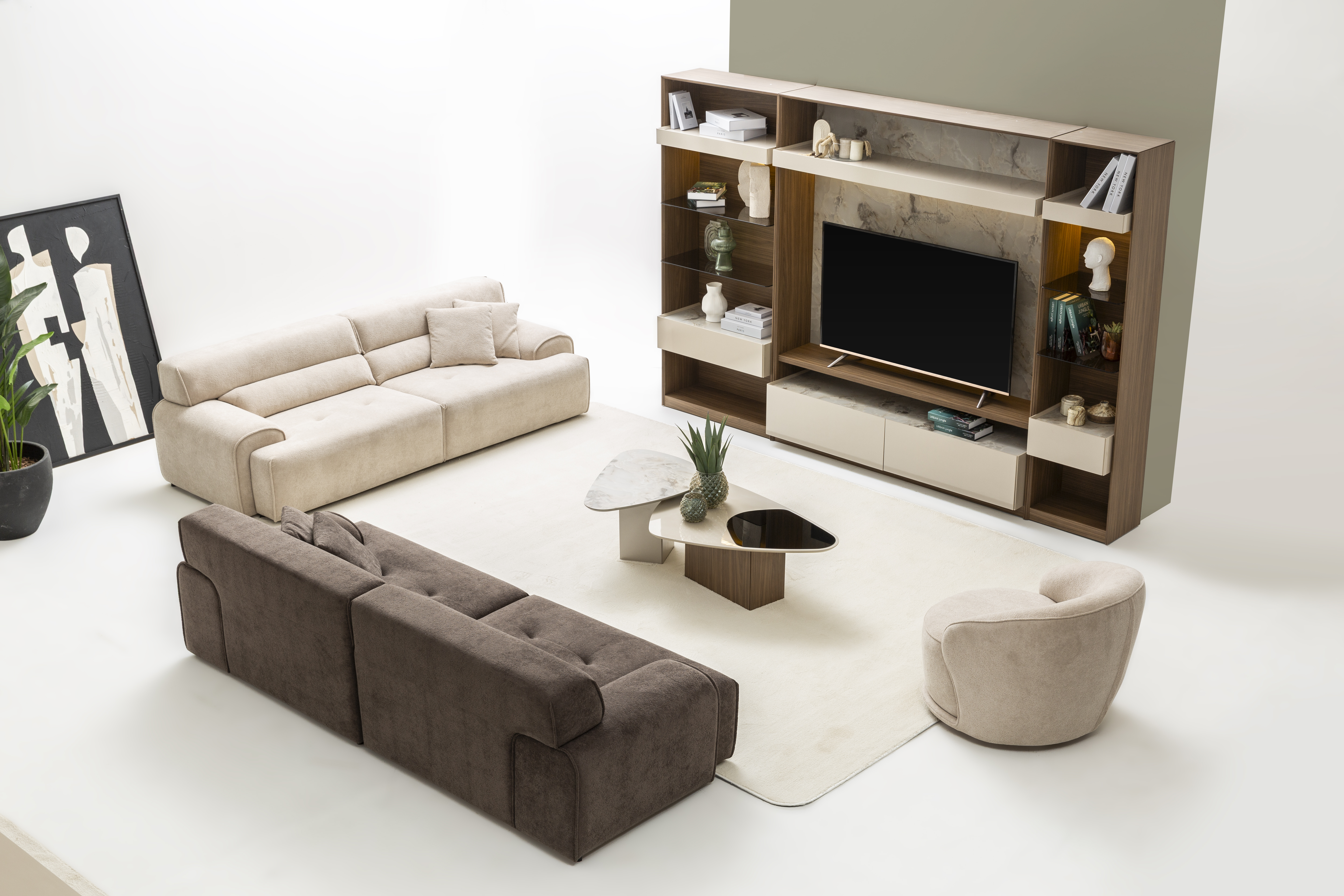 Wohnzimmer-Set: 2x 4-Sitzer, Sessel, Couchtisch, Beistelltisch & TV-Schrank